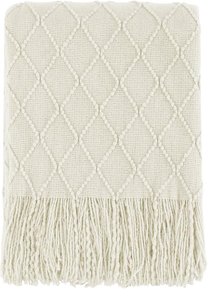 BOURINA Beige Throw Blanket 50x60 Inch Boho Knitted Soft Throw Sofa Blanket | Knitted Throw Blanket 50x60 Inches, Soft Lightweight Boho Weave Throw Decorative Couch Blanket for Living Room Bedroom Chair