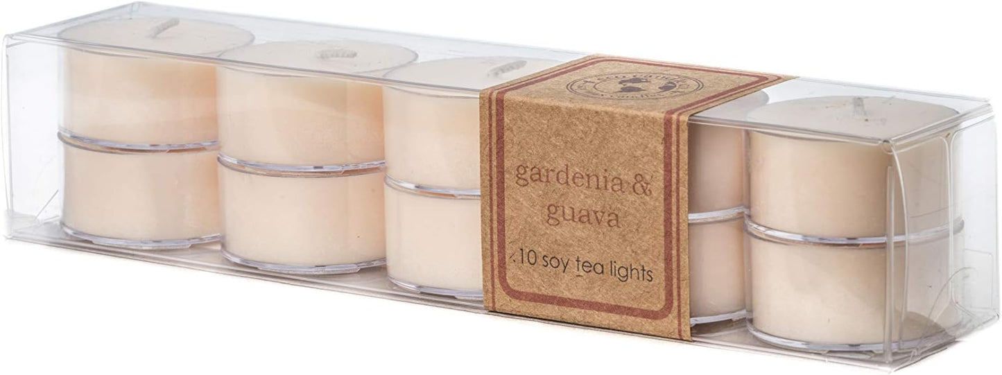Eco Candle Co. Gardenia & Guava Tea Light Candles, 10-Pack, 9 Hr Burn Time | Scents of Gardenia, Jasmine, Guava, & Tropical Greens - Recyclable, No Lead, Hand Poured, Midwest Soybeans, .6 oz. Each