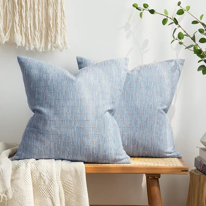 MIULEE Pack of 2 Decorative Burlap Linen Throw Pillow Covers Modern Farmhouse Pillowcase Rustic Woven Textured Cushion Cover for Sofa Couch Bed 18x18 Inch Light Blue