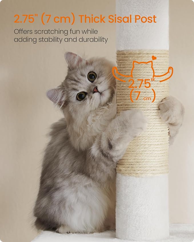 Feandrea Cat Tree, 33.1-Inch Cat Tower, Plush Condo for Large Cats up to 16 lb, Large Perch, 2 Caves, Scratching Post, Cream White UPCT061T01