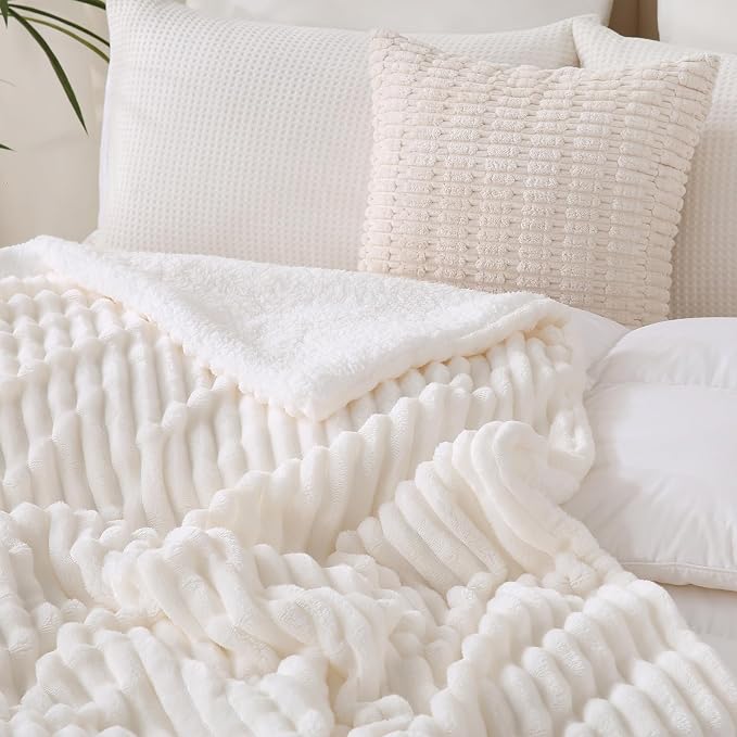 Cream White Sherpa Fleece Throw Blanket 60”×80”for Couch Sofa Bed | Double Side Soft Fuzzy Cozy Plush Thick Flannel Blanket with Striped Design Gift for Adults,Woman