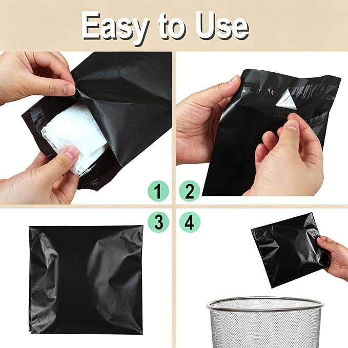 100 PCS Sanitary Napkin Disposal Bags, Feminine Hygiene Disposal Bags for Tampons and Pads, Block Odors, Self-Sealing Seals, 10.6 * 5.9 Inch (Black)