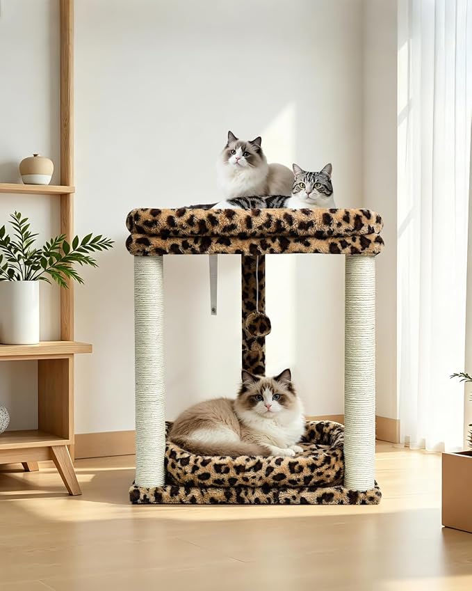 SYANDLVY Leopard Print Cat Tree with 2 Levels Perch Platforms for Kittens | Natural Sisal Scratching Post Tower with Hanging Bell Ball & Anti-Tip Strap, Stable Cat Furniture for Indoor Cats