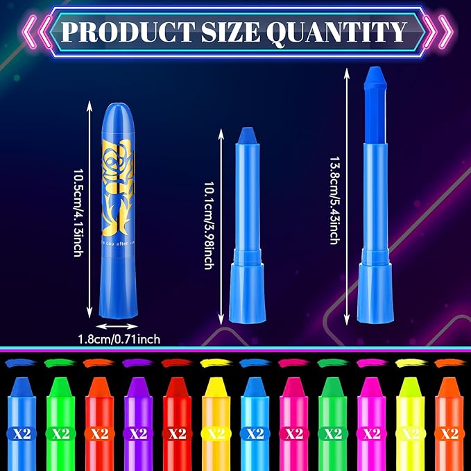 Handepo 24 Pcs Glow in the Black Light Face Paint Crayons Neon Face Body UV Light Paint Kit Fluorescent Halloween Masquerade Makeup for Adult Mardi Gras Parties(Multi Color)