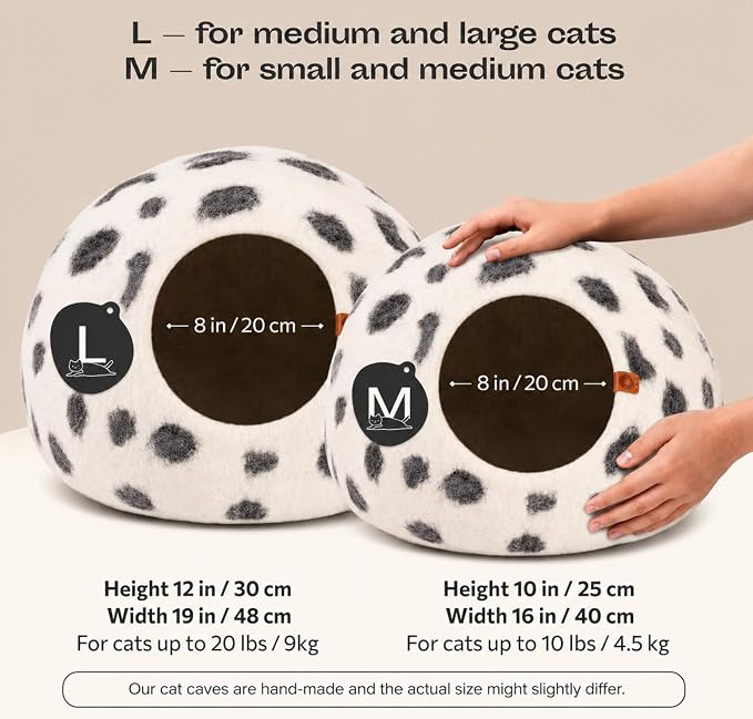 Cat Cave - Merino Wool Bed for Indoor Cats (Snow Leopard, Medium) | Cat Bed Enclosure, Premium Felt, Handmade, Super Soft, Lightweight, Breathable, Adjustable Shape