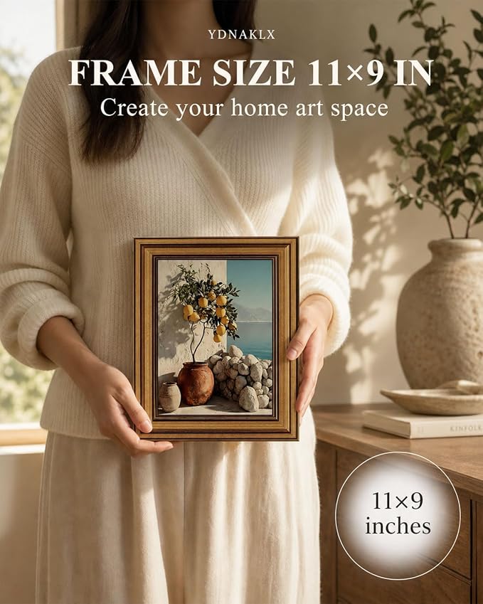 Gold Framed Wall Art, Vintage Mediterranean Lemon Tree Canvas Prints, Coastal Summer Picture Wall Decor, Rustic Italian Landscape Artwork for Kitchen, Living Room, Dining Room 9x11 inch