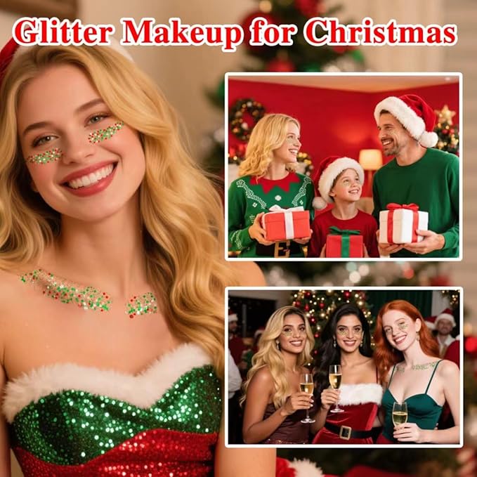 MEICOLY Christmas Face Glitter Stick,Christmas Hair Glitter for Kids and Women,Stocking Stuffers Gifts,Sparkle Chunky Christmas Makeup,Red Silver Green Body Glitter for Party Rave Festival
