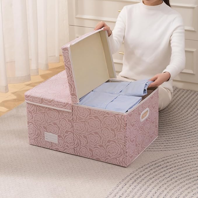Extra Large Collapsible Storage Boxes with Lids Fabric Decorative Storage Bins Cubes Organizer Baskets with Cover Handles Divider for Bedroom Closet Living Room 19.6x15.7x11.8 Inch 3 Pack