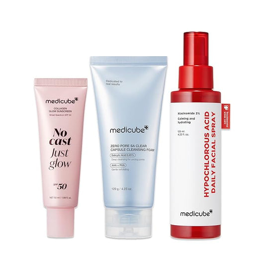 medicube After Sun Care Trio Set: Zero Pore Capsule Cleansing Foam, Collagen Glow Sunscreen, Hypochlorous Acid Power Soothing Spray | Deep Cleanse, Shield & Soothe | Face wash, Sunscreen, Facial Spray