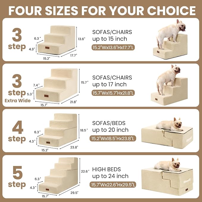 Aodisman Dog Stairs for Small Dogs,Wider 3-Step Pet Steps for Couch & Bed | High-Density Foam Dog Steps with Anti-Slip Bottom,Easy for Puppies,Older Cats & Dogs to Reach Sofas & Chairs,Beige,15.7" H