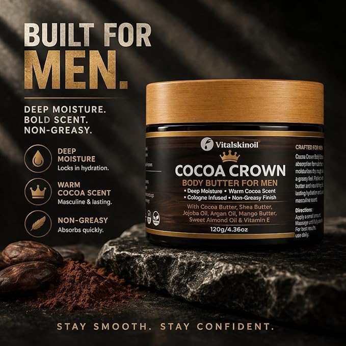 Body Butter for Men, Cocoa Crown Cologne Infused Moisturizer with Cocoa Butter, Shea Butter, Jojoba Oil, Argan Oil, Mango Butter, Sweet Almond Oil & Vitamin E, 4.36oz