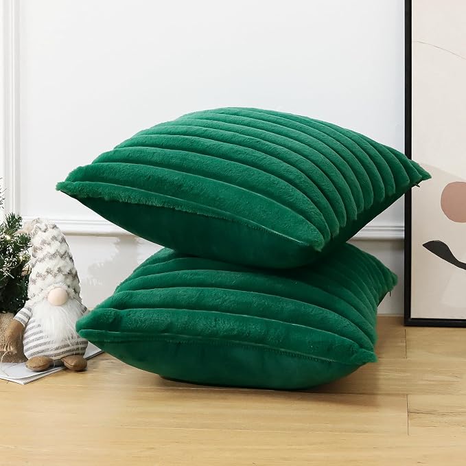 Soleebee Set of 2 Throw Pillow Covers Soft Cozy Velvet Pillowcase Faux Rabbit Fur Cover for Couch Sofa Bed Chair Home Decorative Pillows Cover (24x24 Inch, Christmas Green)
