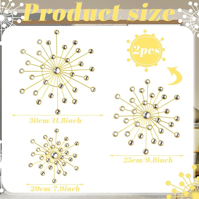 Blulu 4 Pcs Metal Wall Decor Bling Crystal Wall Art Cast Iron Rhinestones Sunburst Decor Starburst Art Hanging Diamond Accents Home Decorative for Living Room Bedroom Entryway(Gold)