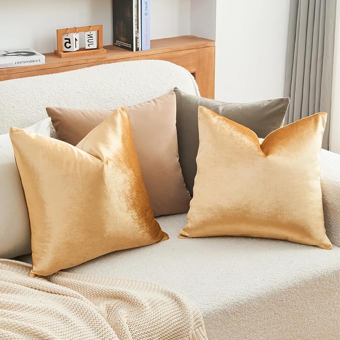 Throw Pillow Covers Gold Set of 2 18x18 Inch Pillow Covers, Soft Velvet Fall Decorative Cases for Couch Sofa Bed, Home Boho Decor, Modern Farmhouse Cushion Covers