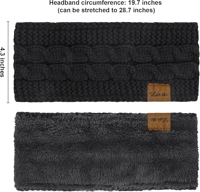 Loritta 2 Pack Headbands for Women Winter Warm Cable Knit Ear Warmer Thick Head Wrap Fuzzy Fleece Lined Gifts