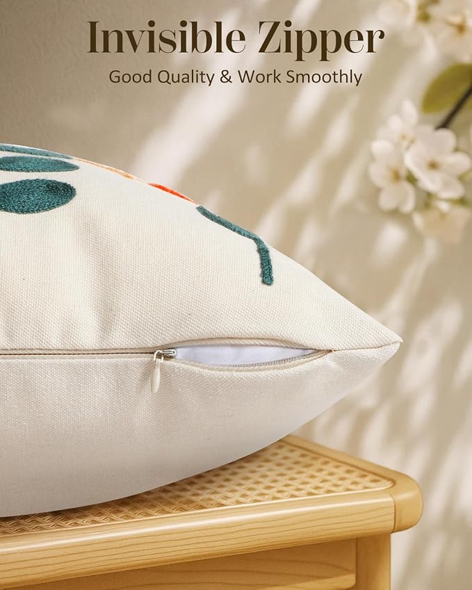 Embroidered Lumbar Pillow Cover - 20x12 Decorative Pillow Cover with Zipper Aesthetic Cute Design Boho Spring Summer Cozy Throw Pillowcase for Living Room Couch Sofa Bed, Plants