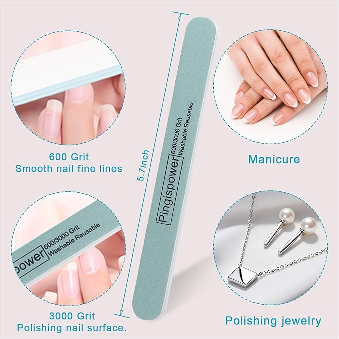 Nail Files and Buffers (10 Pack), Professional Durable Reusable Nail Buffer Block for Natural Nails, 600/3000 Fine Grit Double Sided Washable Nail Supplies Kit for Women Home Salon &Travel
