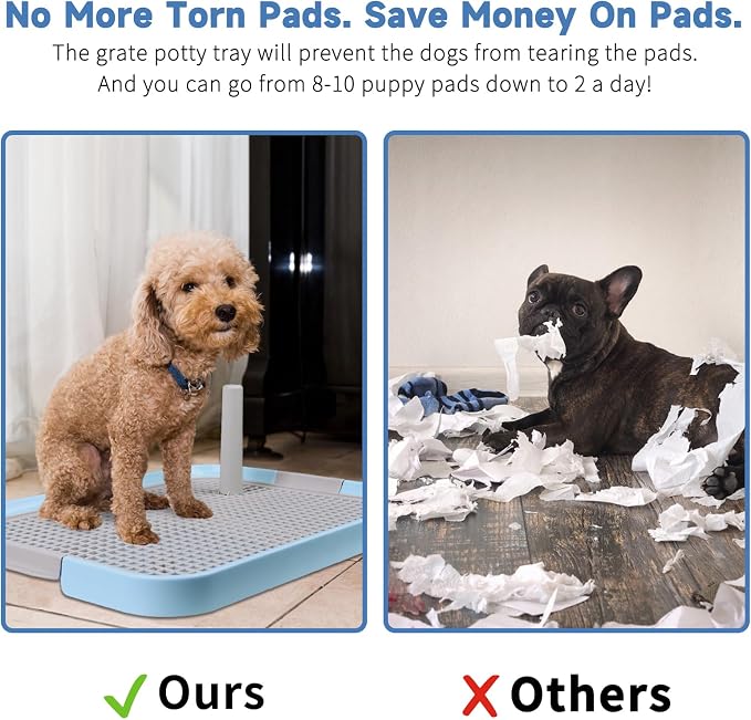 CUHIOY Dog Potty Tray Toilet 20"x14", Indoor Pee Pad Holder, Blue | With 8pcs Training Pads, Puppy Pee Mesh Potty Pan, Secure Latch Doggy Bathroom Litter Box for Small Medium Puppies