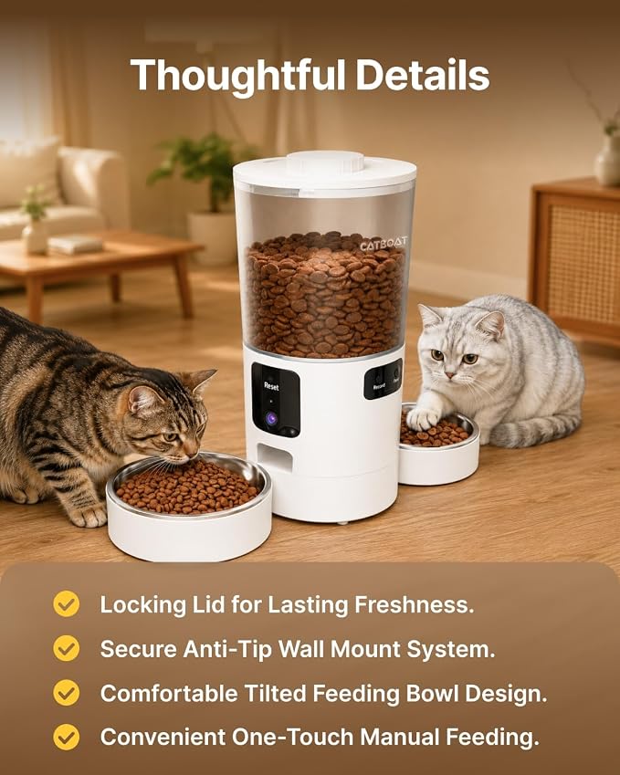 Dual-Camera Automatic Pet Feeder with 2 Bowls, 6L Smart Feeder for 2 Cats | 2K HD Video, App Control, Slow Feed Mode, Up to 20 Meals, 2-Way Audio, Night Vision, iOS/Android, Dry Food Only, White