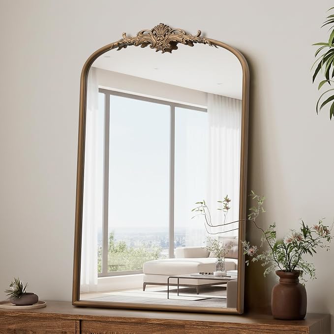 Besdomus Antique Large Wall Mirror: 24"x36" French Brass Gold Vanity Mirror | Vintage Metal Framed Decorative - Baroque Traditional Ornate for Entryway/Bathroom/Bedroom - Ideal for Bathroom Renovations