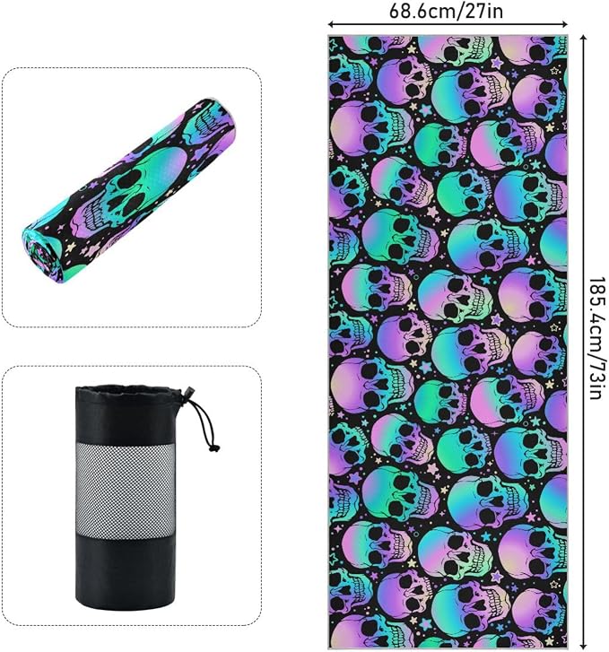 Colorful Skull Yoga Mat Towel Non Slip Soft Sweat Absorbent Hot Yoga Mat Towel, for Hot Yoga, Pilates and Workout-73 x 27 Inch