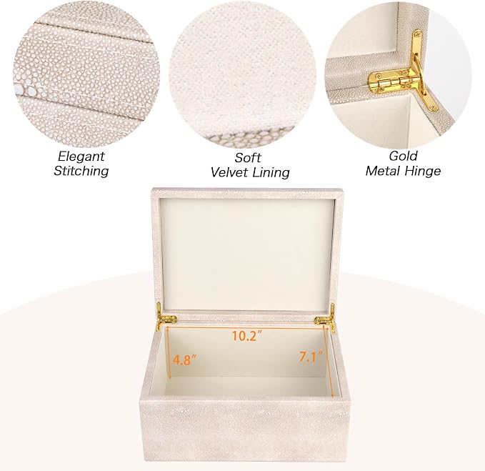 HofferRuffer Faux Leather Decorative Box, Large Wooden Structure Keepsake Box Accessory Organizer Jewelry Organizer with Hinged Lid, Storage Container for Home or Office (LightGrey Shagreen)