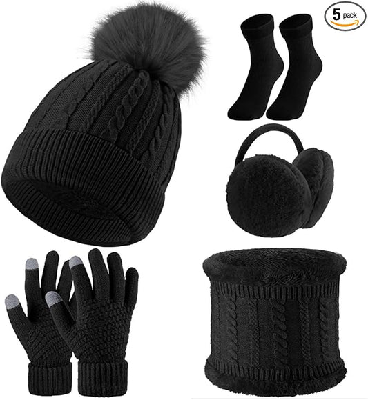 SATINIOR 5 Pcs Winter Hat Scarf Gloves Set Fleece Lined Knit Beanie Hat Warm Touch Screen Gloves Earmuff Warmer for Women(Black,Beauty Style)