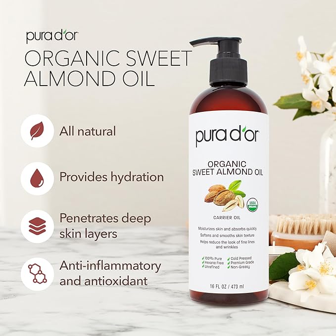 PURA D'OR 16 Oz ORGANIC Sweet Almond Oil-100% Pure & Natural USDA Certified Cold Pressed Carrier Oil For DIY Beauty-Non-Greasy,Unscented,Hexane Free Moisturizer-Massage-Oil For Hair & Skin,(Pack of 2)