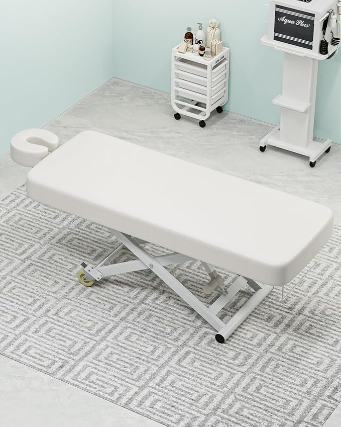 Paddie Flat Electric Lift Massage Table, Professional Spa Bed 6.7" Memory Foam with Adjustable Face Cradle and Rolling Wheels, White