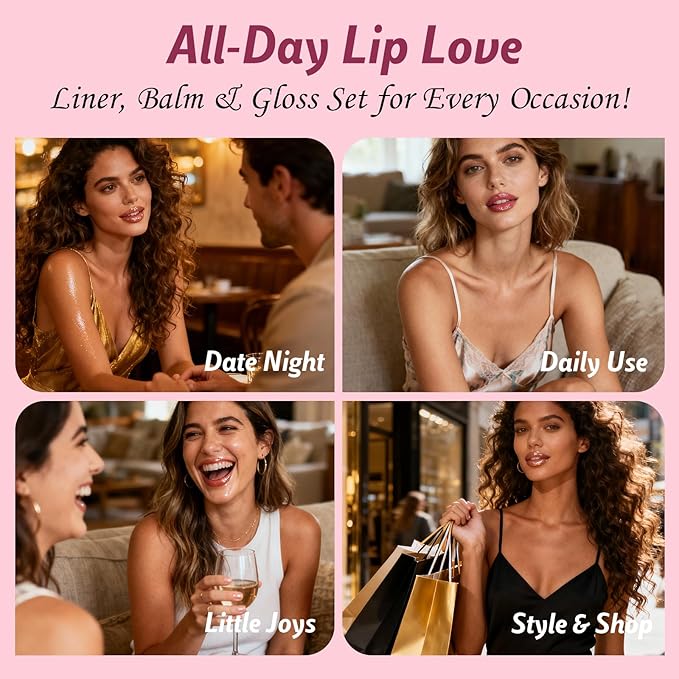 3PCS Lip Combo Set - Matte Lip Liner Pencil + Hydrating Tinted Lip Balm + Juicy Lip Gloss Tint, Non-Sticky, Long-Lasting, High Pigment Lip Makeup Kit (Sweet Fig Set)