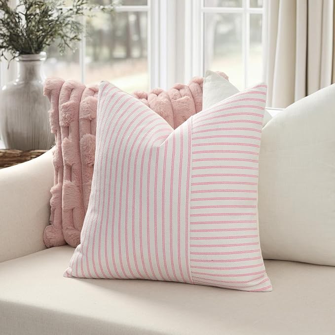 YCOLL Valentines Pillow Covers 22x22, Modern Accent Square Throw Pillow Covers Set of 2, Pink and Beige Striped Patchwork Linen Decorative Cushion Covers for Couch Chair Bedroom Home Decor