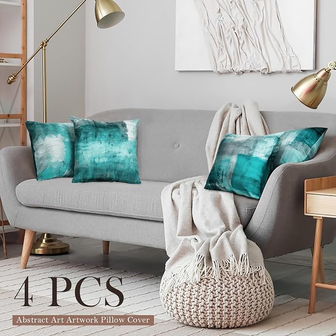 Teal Abstract Throw Pillow Covers 18x18 Set of 4 | Turquoise & Grey Modern‑Art Cushion Covers, aesthetic accent pillowcases for sofa, bedroom and chair