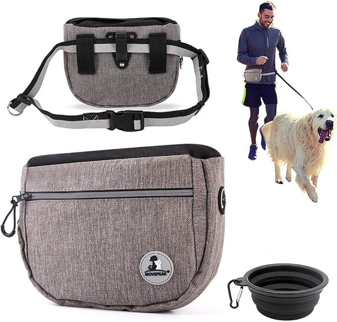 Pet Dog Treat Pouch Waist Bag, Auto Closing Waterproof Oxford Adjustable Training Belt Bags with Poop Bag Dispenser + Dog Collapsible Bowl for Dog Cat Running, Walking, Feeding (Grey)