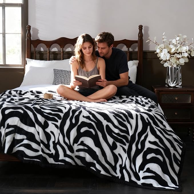 PU MEI King Size Fuzzy Flannel Throw Blanket for Sofa, Couch, Bed, Black and White Zebra Print Blanket Animal - Lightweight Double Sided Cozy Super Soft Blankets, 108" x 90" inches