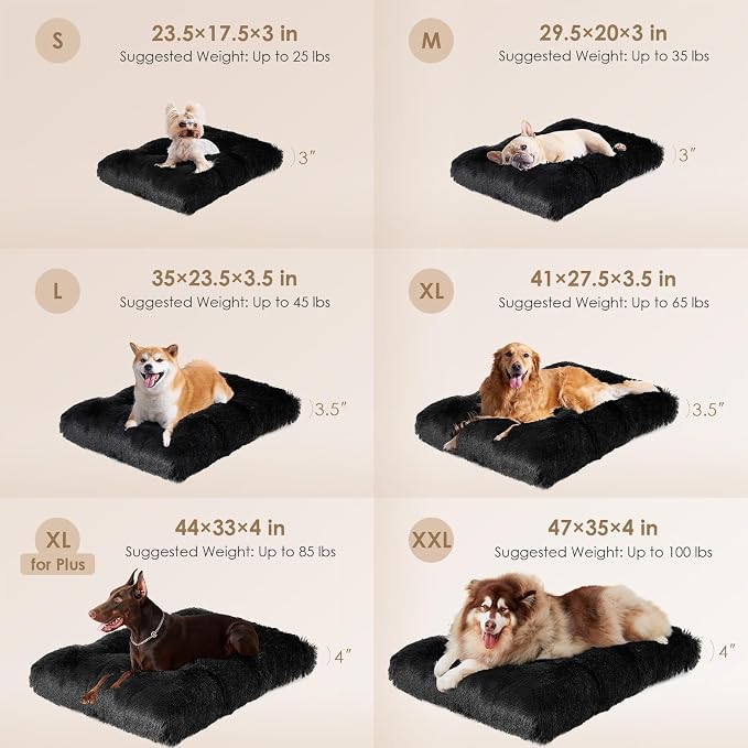 EHEYCIGA Fluffy Dog Crate Bed, Plush XX Large Dog Pillow, Black | Xlarge Calming Anti Anxiety Plush Faux Fur Mat for Large size dogs, Washable Soft Warm Dog Pad with Non-Slip Bottom
