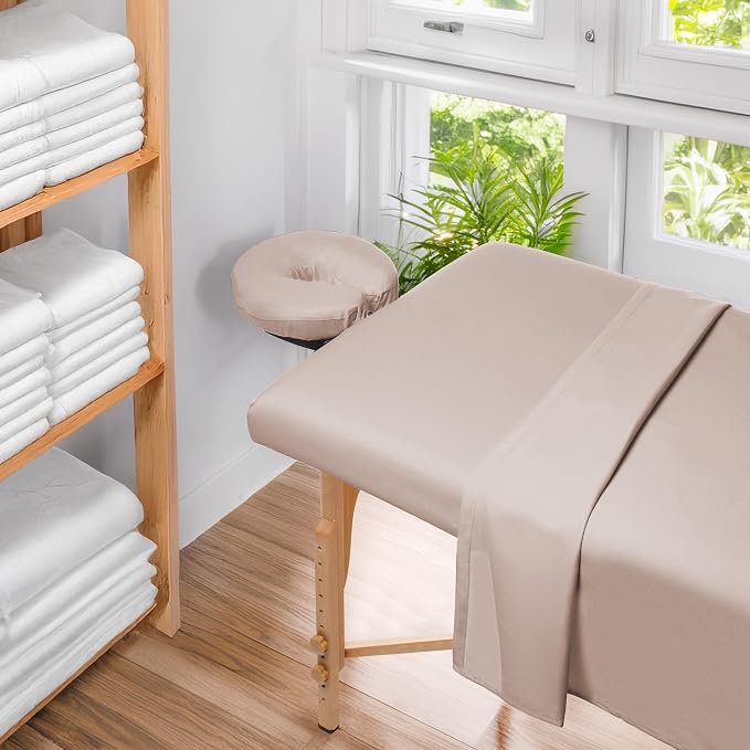 Saloniture 3-Piece Microfiber Massage Table Sheet Set - Premium Facial Bed Cover - Includes Flat and Fitted Sheets with Face Cradle Cover - Sand Brown
