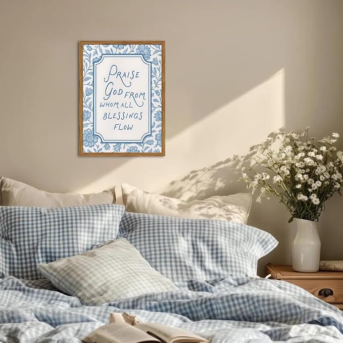 Framed Christian Wall Art, Bible Verse Praise God From Whom All Blessings Flow Pictures Wall Decor, Blue Floral Scripture Paintings Canvas Prints Religious Home Decor for Prayer Living Room 16x24 inch