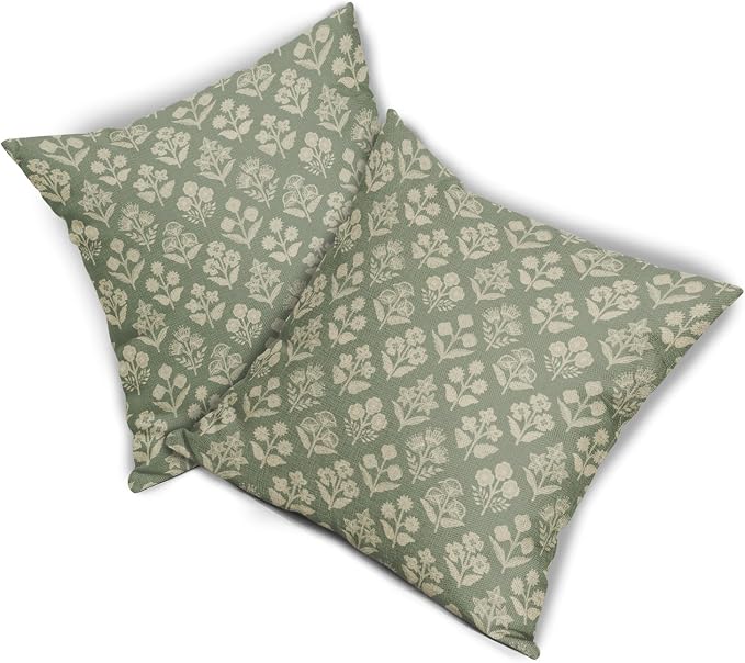 Sage Green Floral Pillow Covers 22x22 Inch Set of 2, Vintage Flower Block Print Pattern Decorative Throw Pillowcases Outdoor Farmhouse Cushion Covers Spring Summer Rustic Sofa Couch Bed Decor