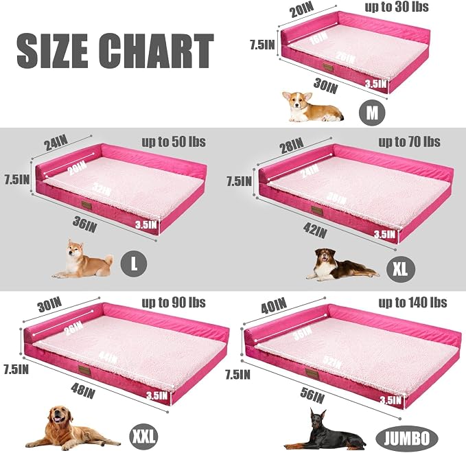 Patas Lague Orthopedic Large Dog Bed Washable Pet Sofa Bed 36''X24'' Pink | 2-Sided Bolster Egg-Crate Foam Dog Couch Large Sized Dogs, Waterproof Removable Washable Cover, Nonskid Bottom Pet Crate Mat