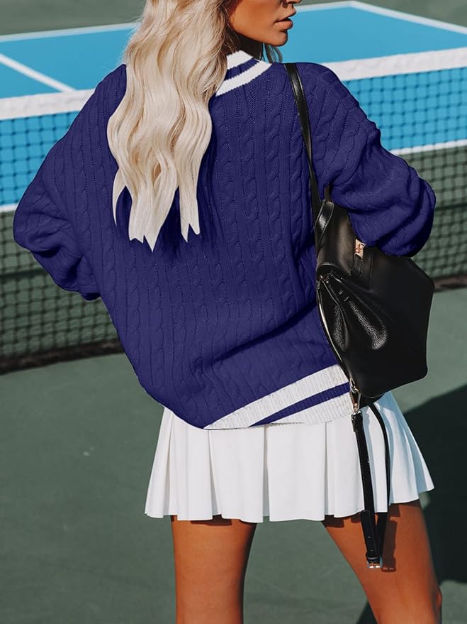 Aoudery Womens V Neck Oversized Sweaters Long Sleeve Cable Knit Pullover Striped Chunky Sweater Casual Tennis Tunic Tops
