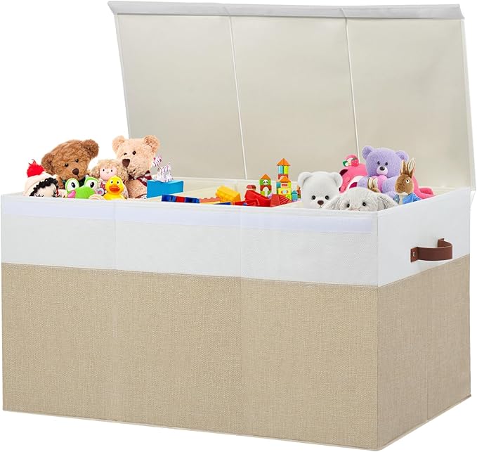 Extra Large Toy Storage Box with Lid,Toy Chest Bin Basket with Dividers | Sturdy Toy Organizer Bin for Kids, Boys, Girls, Nursery, Closet, Bedroom, Playroom 35.5"x17" x17" (Beige and White)