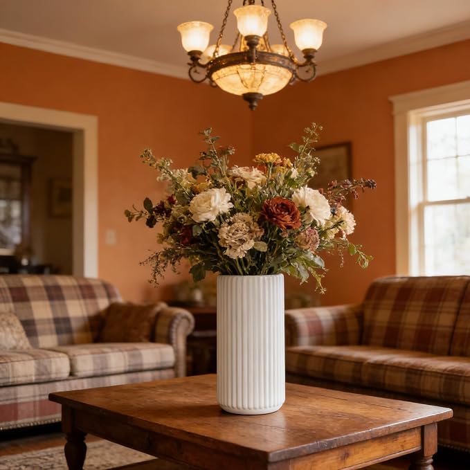 White Ceramic Flower Vase for Pampas Grass, 10 inch Large Decorative Centerpiece Ribbed Vase for Dining Table, Office Desktop, Shelf Bookshelf, Mantel, Entryway, Bathroom, Countertop, Farmhouse, Gift