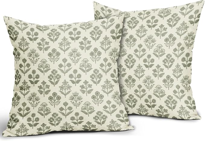 Sage Green Floral Pillow Covers 24x24 Inch Set of 2, Vintage Flower Block Print Pattern Decorative Throw Pillowcases Outdoor Farmhouse Cushion Covers Spring Summer Rustic Sofa Couch Bed Decor