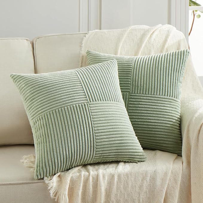 Fancy Homi 2 Packs Sage Green Samll Decorative Throw Pillow Covers 12x12 Inch with for Couch Bed Sofa, Rustic Farmhouse Boho Home Decor, Soft Corss Patchwork Corduroy Square Cushion Case 30x30 cm