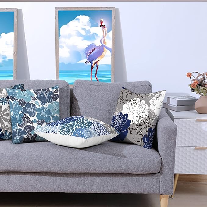 Blue Grey Throw Pillow Covers 20x20 Set of 6, Daisy Floral Home Decor | blue daisy Floral,decorative cushion cover,Breathable Linen,Large Throw Pillow Size,Spring Decor,Couch Sofa Living Room