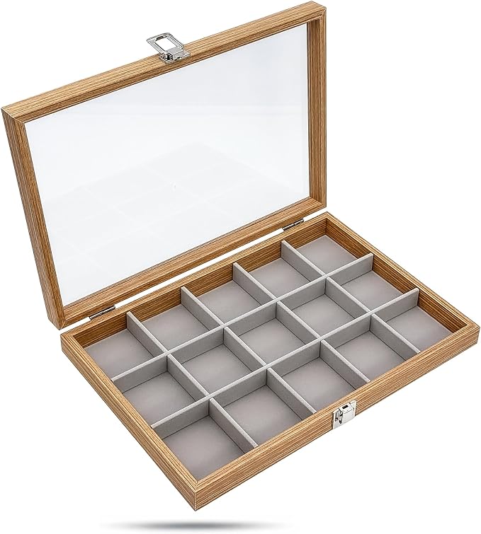 Wooden Travel Jewelry Box w. Tempered Glass Display Lid - Earrings Storage - 15-Compartments Velvet Organizer (Natural Oak) by The Display Guys