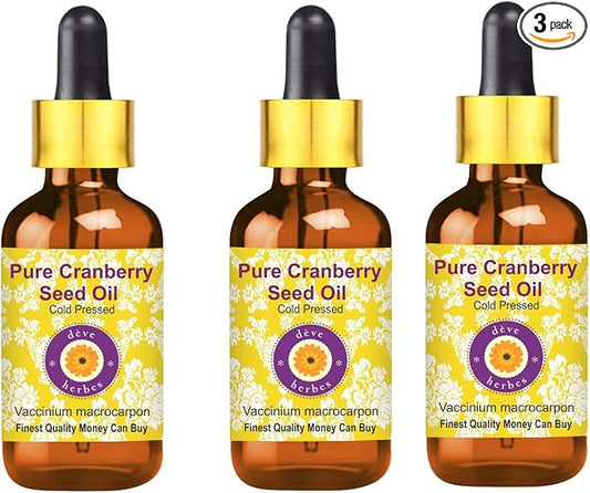 Deve Herbes Pure Cranberry Seed Oil (Vaccinium macrocarpon) with Glass Dropper Cold Pressed (Pack of Three) 100ml X 3 (10 oz)