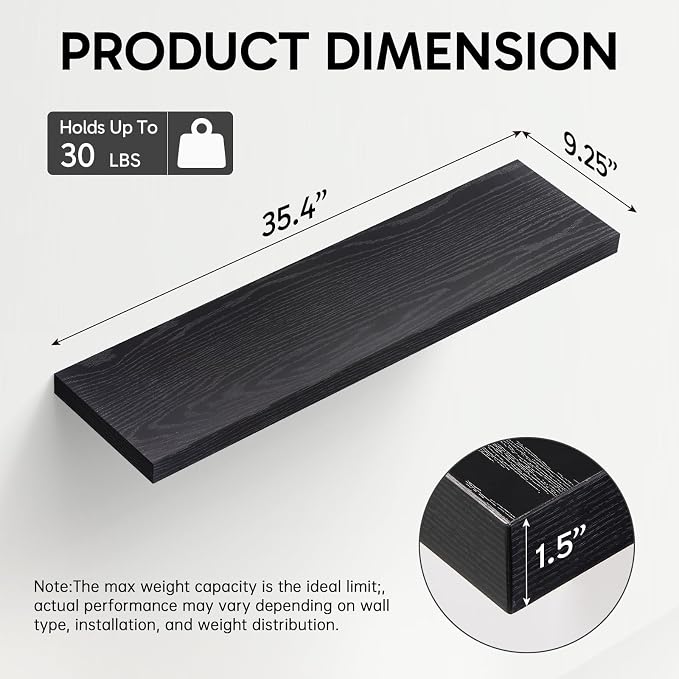 BAYKA Black Floating Shelves 35.4in, Set of 2, Wall Mount Rustic Wood Shelf | Easy Install, 30lbs Max Load, Hidden Bracket, for Bathroom Bedroom Kitchen Display Storage Decor, Multi-Wall Compatible