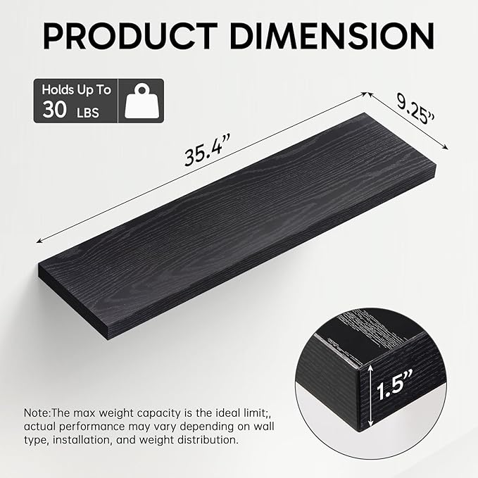 BAYKA Black Floating Shelves 35.4in, Set of 3, Wall Mount Rustic Wood Shelf | Easy Install, 30lbs Max Load, Hidden Bracket, for Bathroom Bedroom Kitchen Display Storage Decor, Multi-Wall Compatible