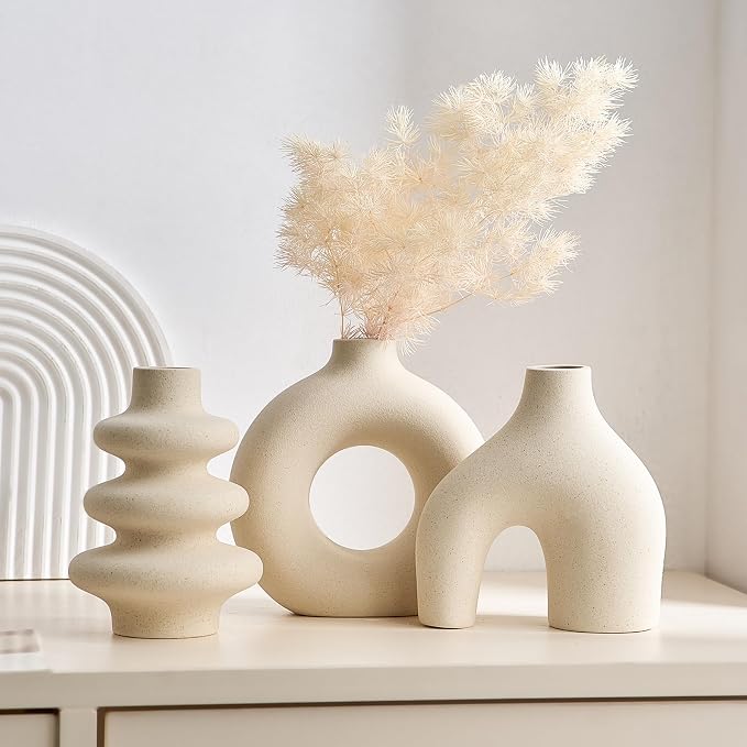 White Ceramic Vase Set of 3, Small Flower Vases for Pampas Grass | Modern Boho Vase for Decor, Round White Vases Centerpieces for Wedding Living Room Bedroom Coffee Table Dinner Table